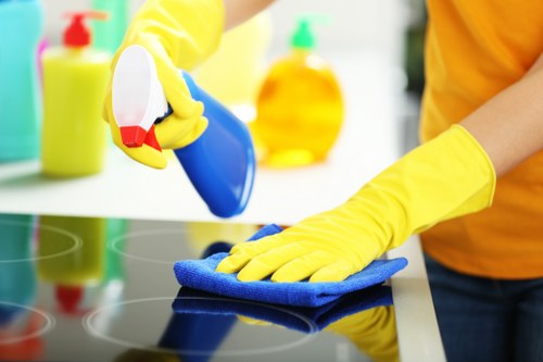 Commercial cleaning staff maintaining a Belgravia office kitchenette and shared workspace